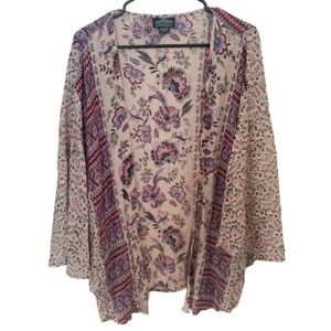 Angie Women Multicolor Floral Open Front Geometric Kimono Lightweight Cardigan M